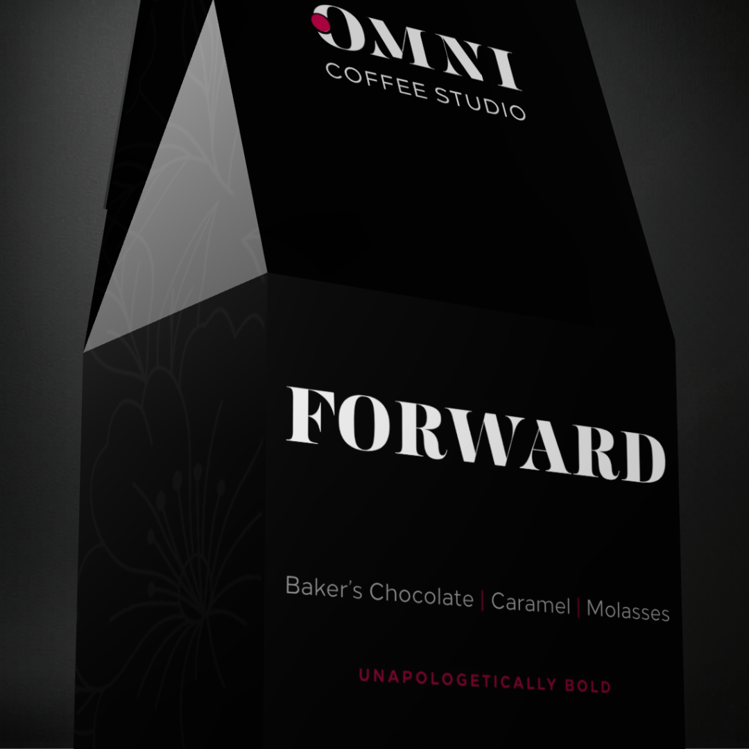 Forward coffee packaging by Omni Coffee Studio, showing a detailed view of packaging on a dark background.