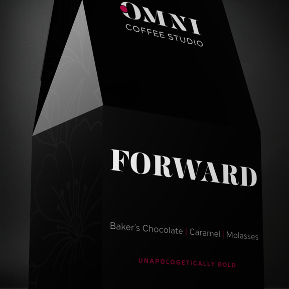 Forward coffee packaging by Omni Coffee Studio, showing a detailed view of packaging on a dark background.