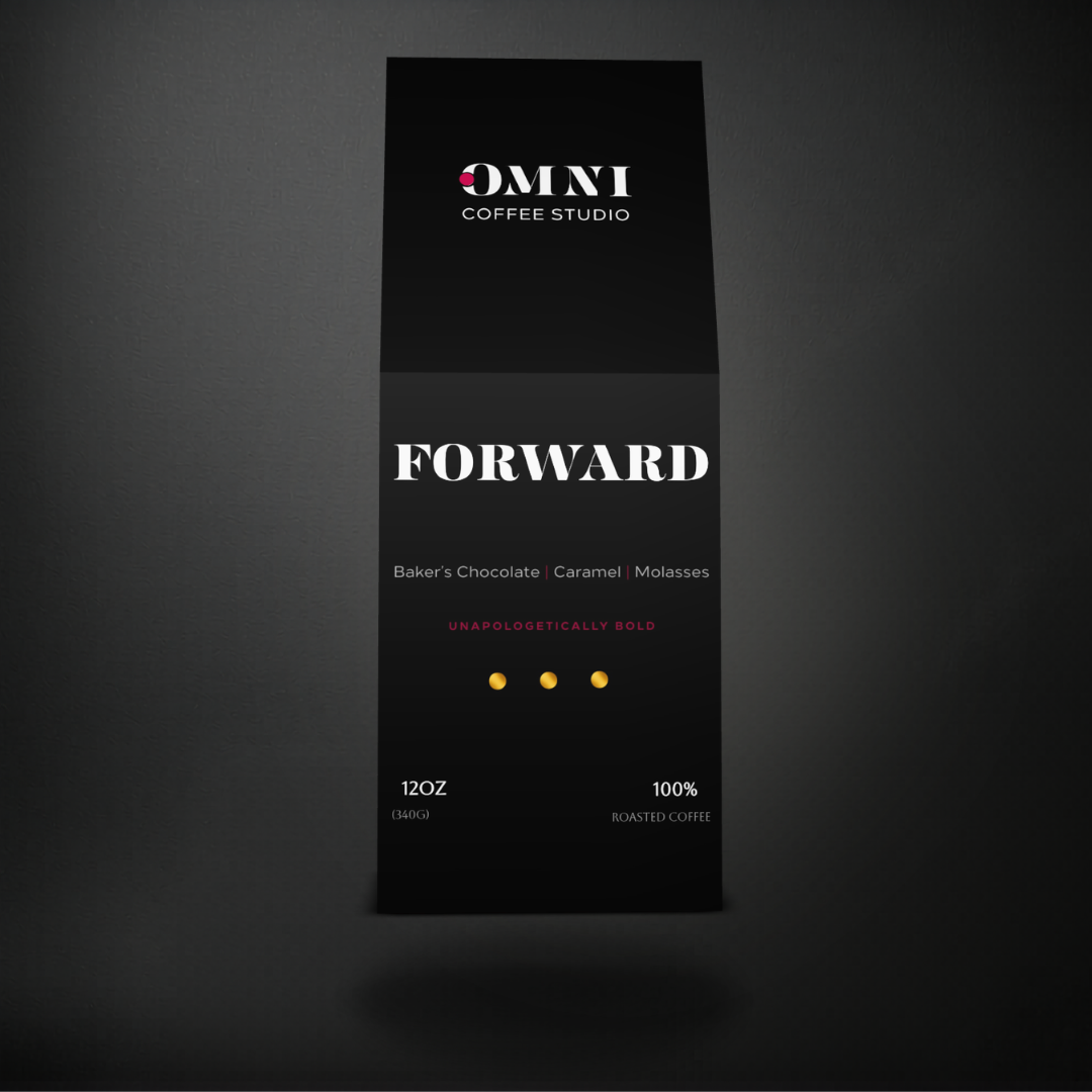 Forward dark roast specialty coffee packaging showing roast level by Omni Coffee Studio, front view on dark background.
