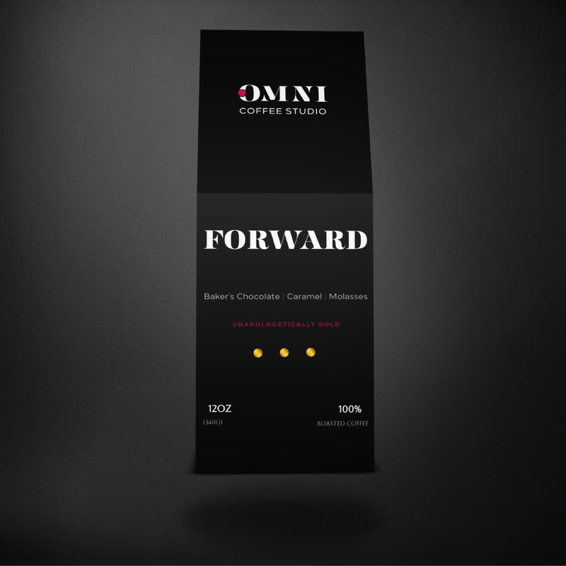 Forward dark roast specialty coffee packaging showing roast level by Omni Coffee Studio, front view on dark background.
