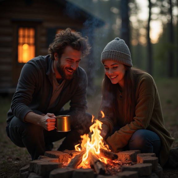 Gilded Smoke by Omni Coffee Studio featured in a campsite setting with a beautiful couple smiling and drinking coffee- medium-dark roast, dark brew.