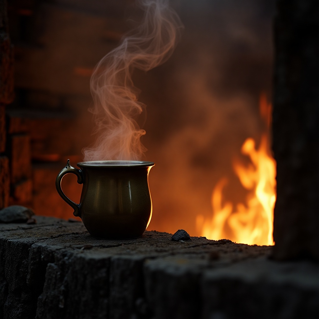 Gilded Smoke by Omni Coffee Studio featured in a setting g with a cup of coffee on a brick ledge with fire in the background- medium-dark roast, dark brew.
