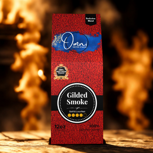 Omni Coffee Studio – Gilded Smoke box, baker’s chocolate and caramelized raw sugar notes, medium-dark roast, coffee packaging. 