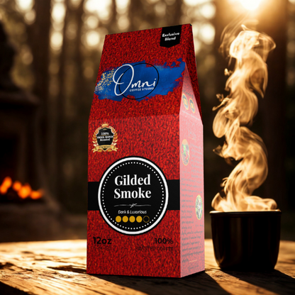 Omni Coffee Studio – Gilded Smoke box, baker’s chocolate and caramelized raw sugar notes, medium-dark roast, coffee packaging. 