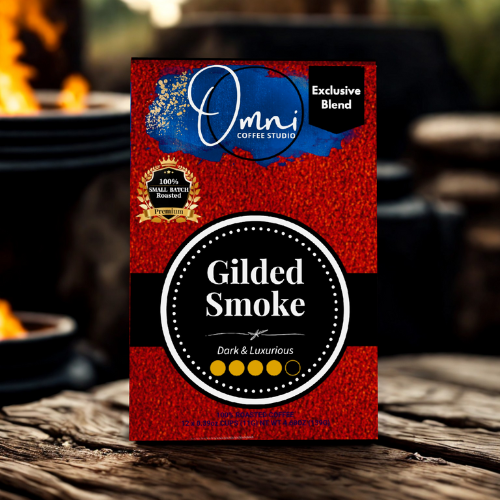 Omni Coffee Studio – Gilded Smoke pods, baker’s chocolate and caramelized raw sugar notes, medium-dark roast, coffee packaging. 