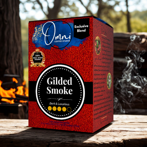 Omni Coffee Studio – Gilded Smoke pods, baker’s chocolate and caramelized raw sugar notes, medium-dark roast, coffee packaging. 