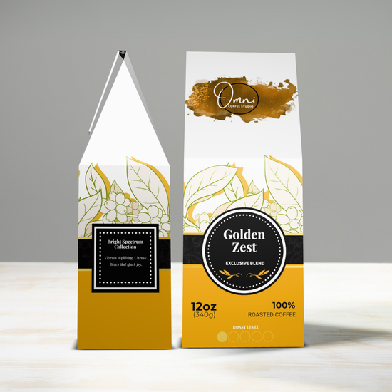 Two coffee packages labeled 'Golden Zest' on a gray background