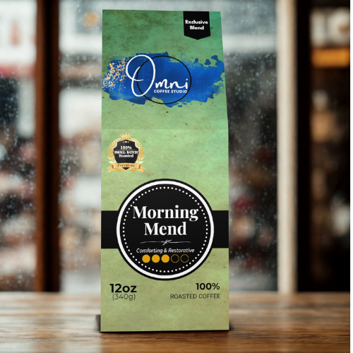 Omni Coffee Studio – Morning Mend box, toasted praline notes and balanced acidity, medium roast coffee packaging.