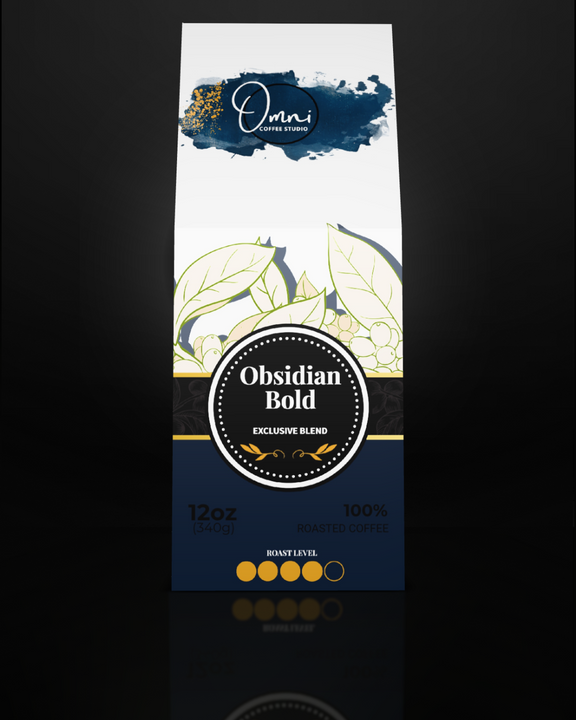 Coffee package labeled 'Obsidian Bold' by Omni Coffee Studio on a dark background