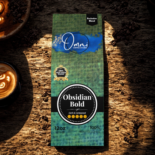 Omni Coffee Studio – Obsidian Bold box, dark caramel and cocoa nib notes, dark roast, coffee packaging. 