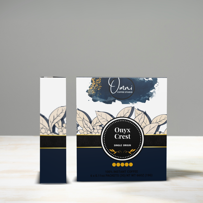 Onyx Crest coffee packaging with decorative elements on a gray background
