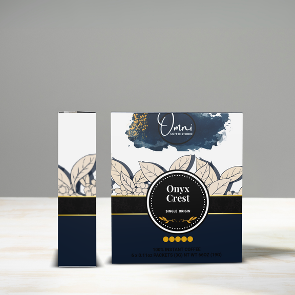 Onyx Crest coffee packaging with decorative elements on a gray background