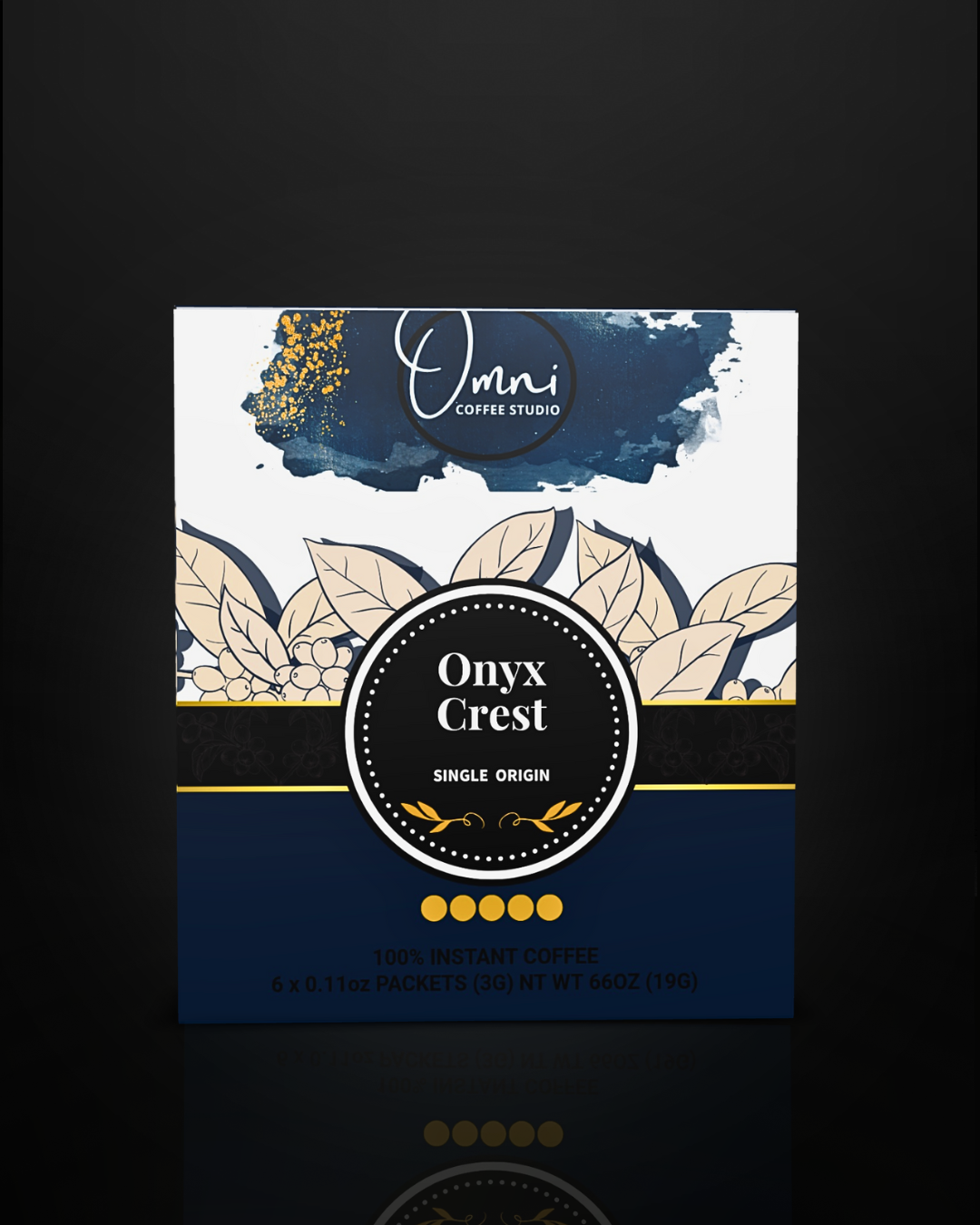 Onyx Crest coffee packaging with 'Omnii Coffee Studio' branding on a dark background