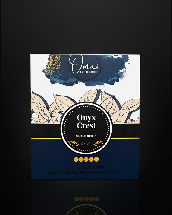 Onyx Crest coffee packaging with 'Omnii Coffee Studio' branding on a dark background