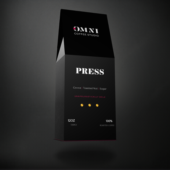 Press dark roast specialty coffee packaging showing roast level by Omni Coffee Studio, left view on dark background.