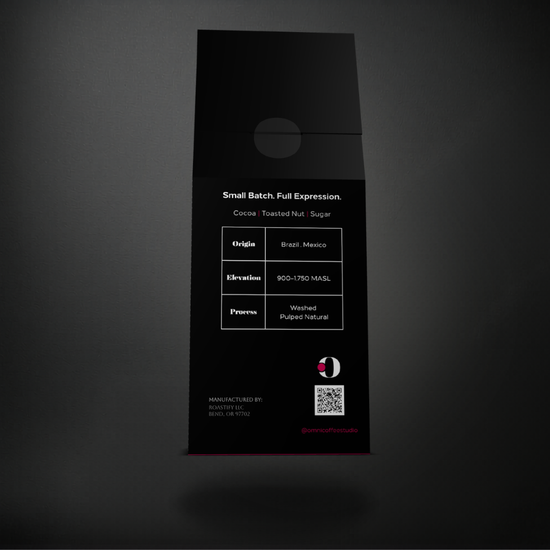 Press coffee packaging by Omni Coffee Studio, back panel showing tasting notes, origin, elevation, and process.