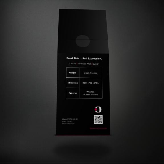 Press coffee packaging by Omni Coffee Studio, back panel showing tasting notes, origin, elevation, and process.