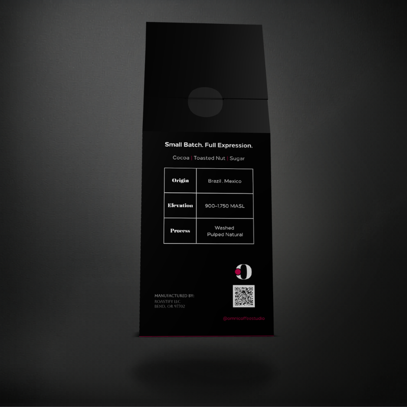 Press coffee packaging by Omni Coffee Studio, back panel showing tasting notes, origin, elevation, and process.