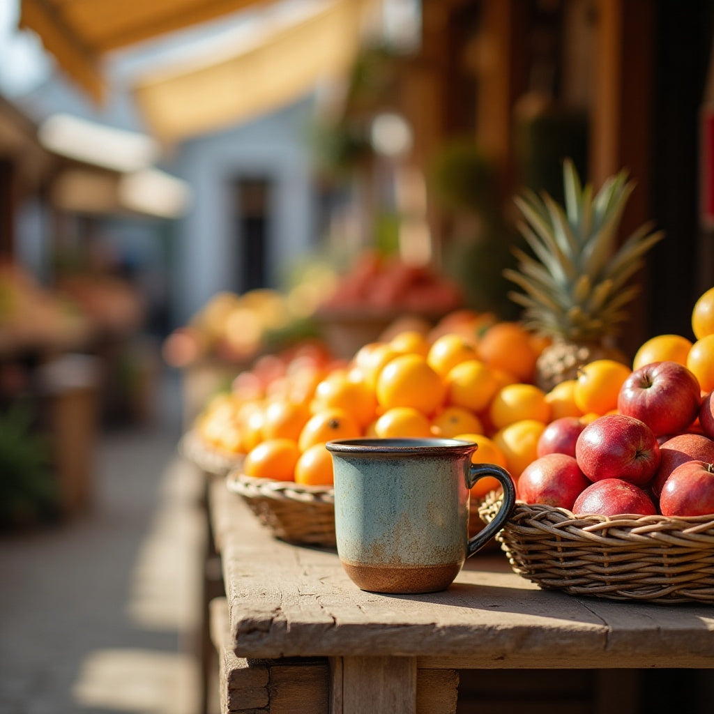 Radiant Reserve by Omni Coffee Studio featured in a vibrant farmers market with coffee cup on a table- light-medium roast, bright brew.