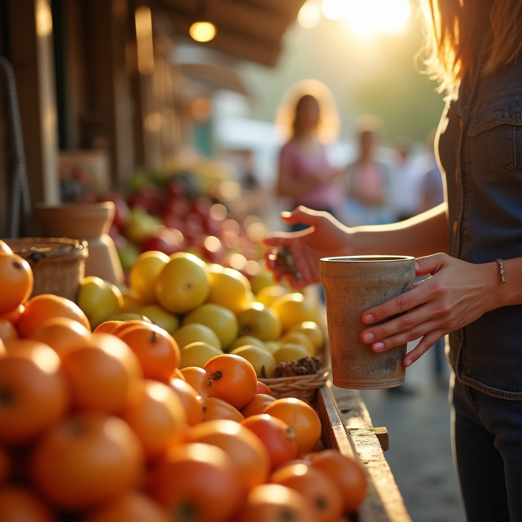 Radiant Reserve by Omni Coffee Studio featured in a vibrant farmers market with a woman holding a cup of coffee- light-medium roast, bright brew.