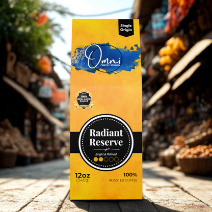 Omni Coffee Studio – Radiant Reserve box, dried black currant and lemon zest notes, light-medium roast, coffee packaging.
