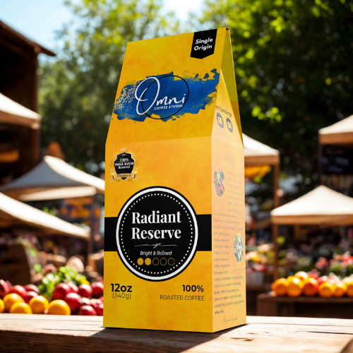 Omni Coffee Studio – Radiant Reserve box, dried black currant and lemon zest notes, light-medium roast, coffee packaging.