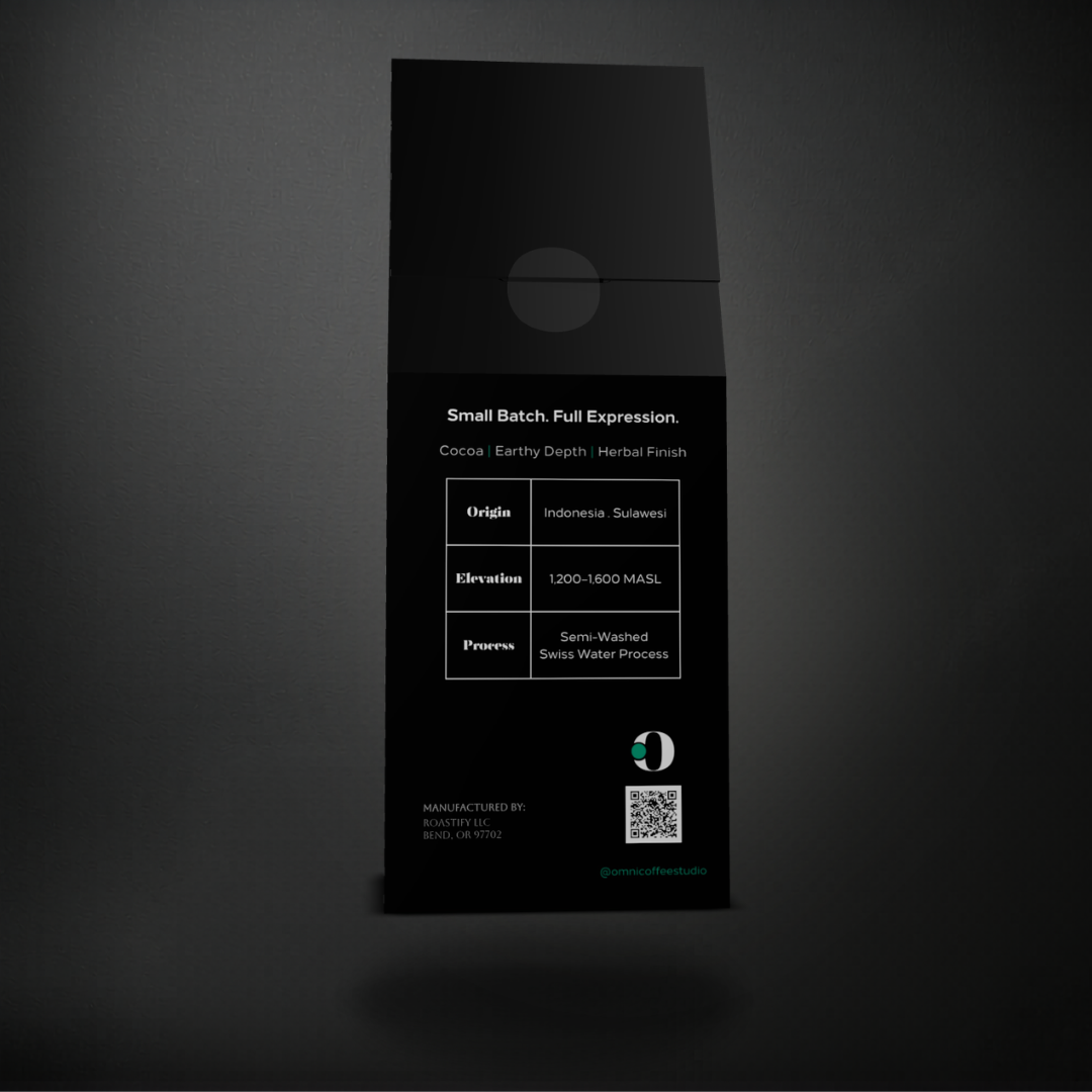 Restore coffee packaging by Omni Coffee Studio, back panel showing tasting notes, origin, elevation, and process.
