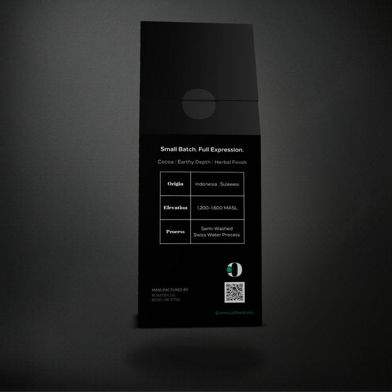 Restore coffee packaging by Omni Coffee Studio, back panel showing tasting notes, origin, elevation, and process.