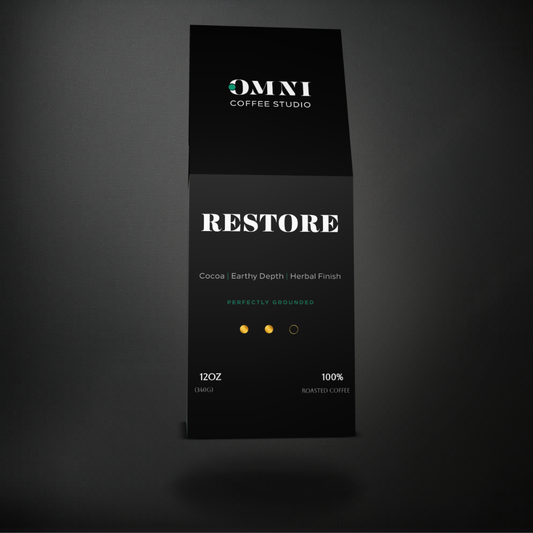 Restore medium-dark roast specialty coffee packaging showing roast level by Omni Coffee Studio, front view on dark background.