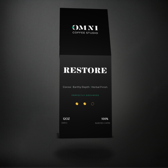 Restore medium-dark roast specialty coffee packaging showing roast level by Omni Coffee Studio, front view on dark background.