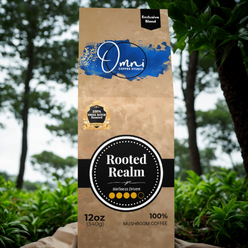 Omni Coffee Studio – Rooted Realm box, organic lion’s mane and functional mushroom, medium-dark roast, coffee packaging.