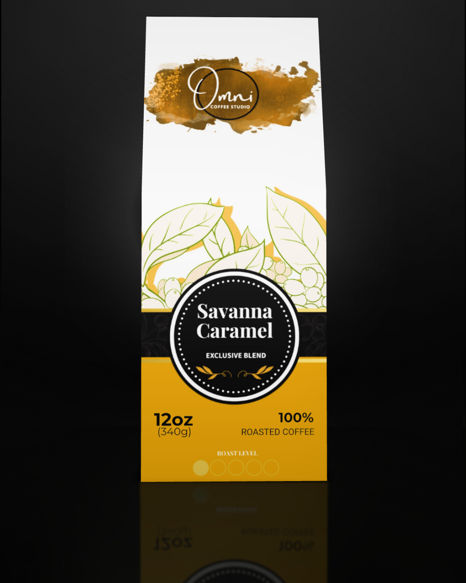 Coffee package labeled 'Savanna Caramel' with 'Omni Coffee' branding on a dark background