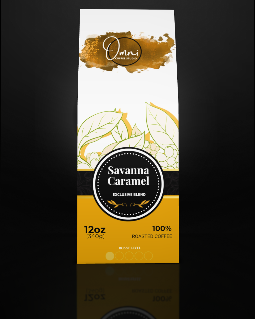 Coffee package labeled 'Savanna Caramel' with 'Omni Coffee' branding on a dark background