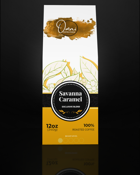 Coffee package labeled 'Savanna Caramel' with 'Omni Coffee' branding on a dark background