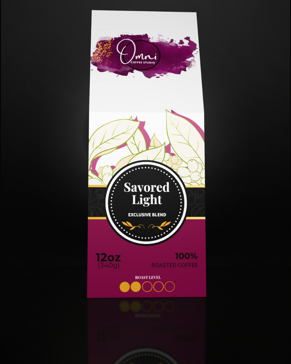 Coffee package with 'Omni' branding on a dark background