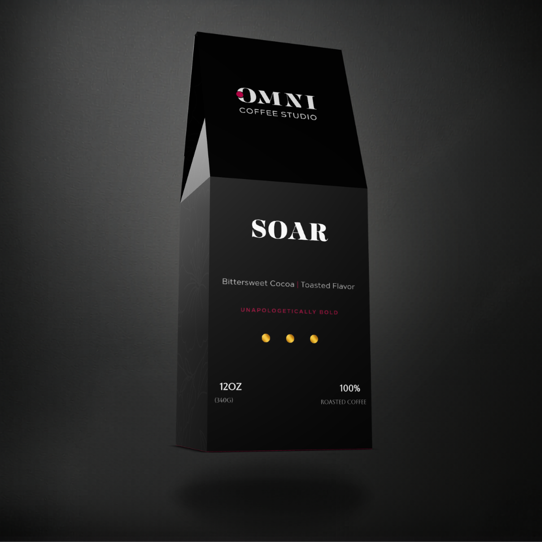 Soar dark roast specialty coffee packaging showing roast level by Omni Coffee Studio, left view on dark background.