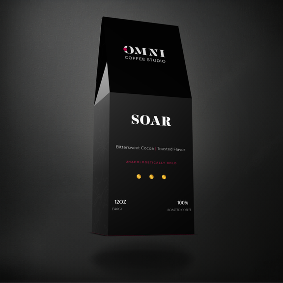 Soar dark roast specialty coffee packaging showing roast level by Omni Coffee Studio, left view on dark background.