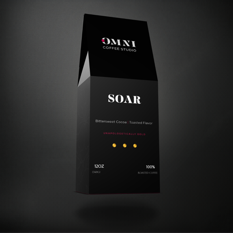Soar dark roast specialty coffee packaging showing roast level by Omni Coffee Studio, left view on dark background.