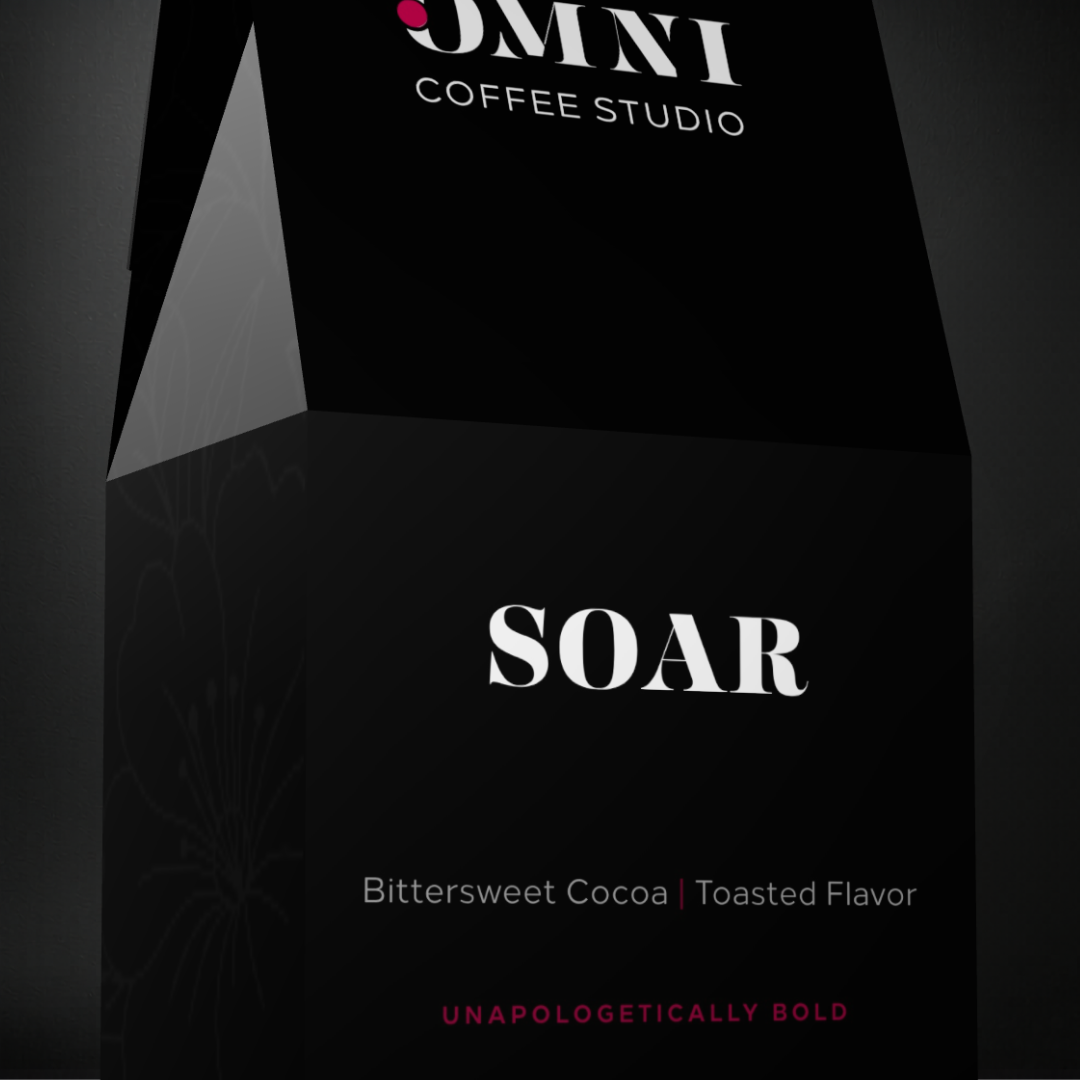 Soar coffee packaging by Omni Coffee Studio, showing a detailed view of packaging on a dark background.