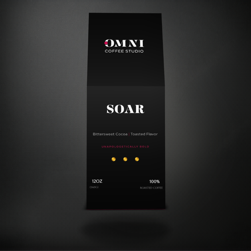 Soar dark roast specialty coffee packaging showing roast level by Omni Coffee Studio, front view on dark background.