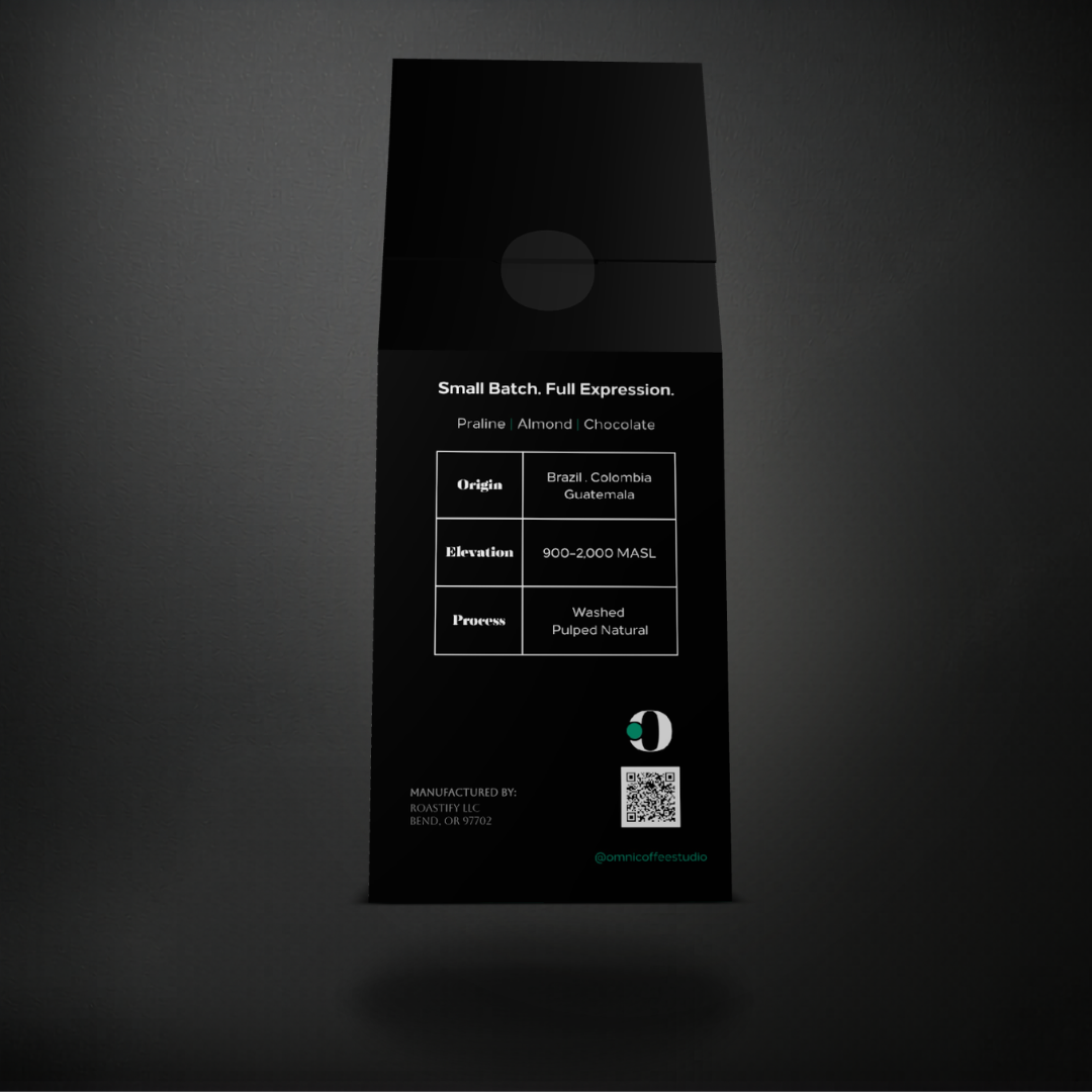 Steady coffee packaging by Omni Coffee Studio, back panel showing tasting notes, origin, elevation, and process.