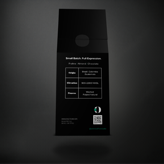Steady coffee packaging by Omni Coffee Studio, back panel showing tasting notes, origin, elevation, and process.