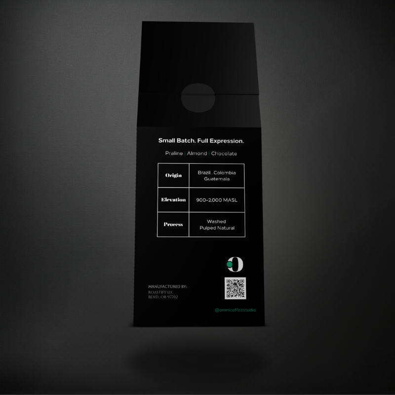 Steady coffee packaging by Omni Coffee Studio, back panel showing tasting notes, origin, elevation, and process.