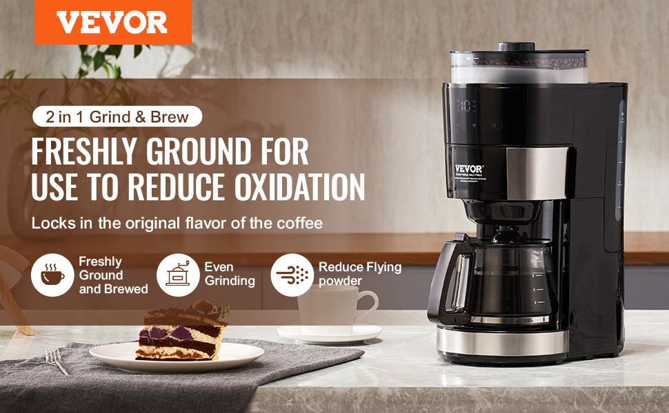 VEVOR Grind & Brew Coffee Maker — 10-Cup Drip Machine with Built-In Grinder & Strength Control sold by Omni Coffee Studio, freshly ground for use to reduce oxidation.