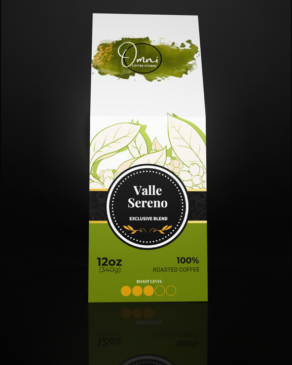 Coffee package labeled 'Valle Sereno' with 'Omni' branding on a dark background