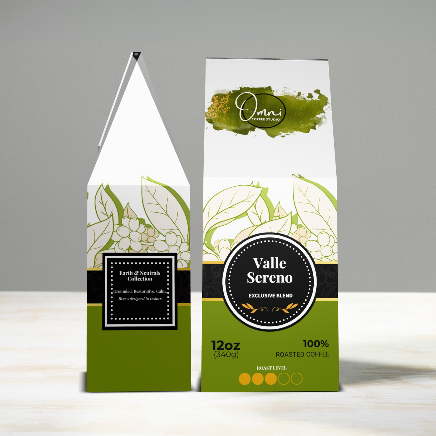 Two coffee packages with 'Valle Sereno' branding on a gray background
