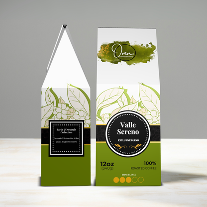 Two coffee packages with 'Valle Sereno' branding on a gray background
