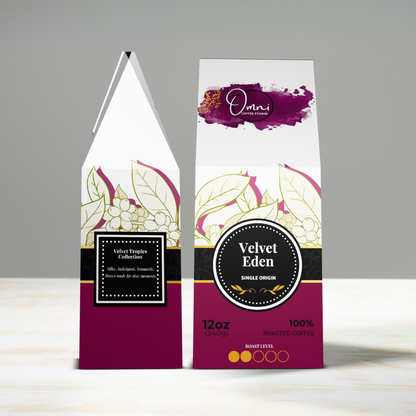 Two coffee packages with 'Velvet Eden' branding on a gray background