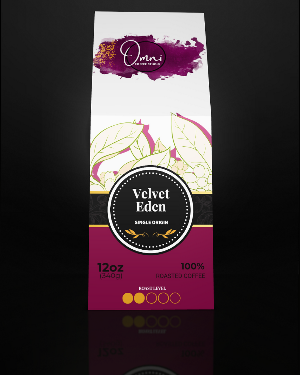 Coffee package labeled 'Velvet Eden' by 'Omni Coffee' on a dark background