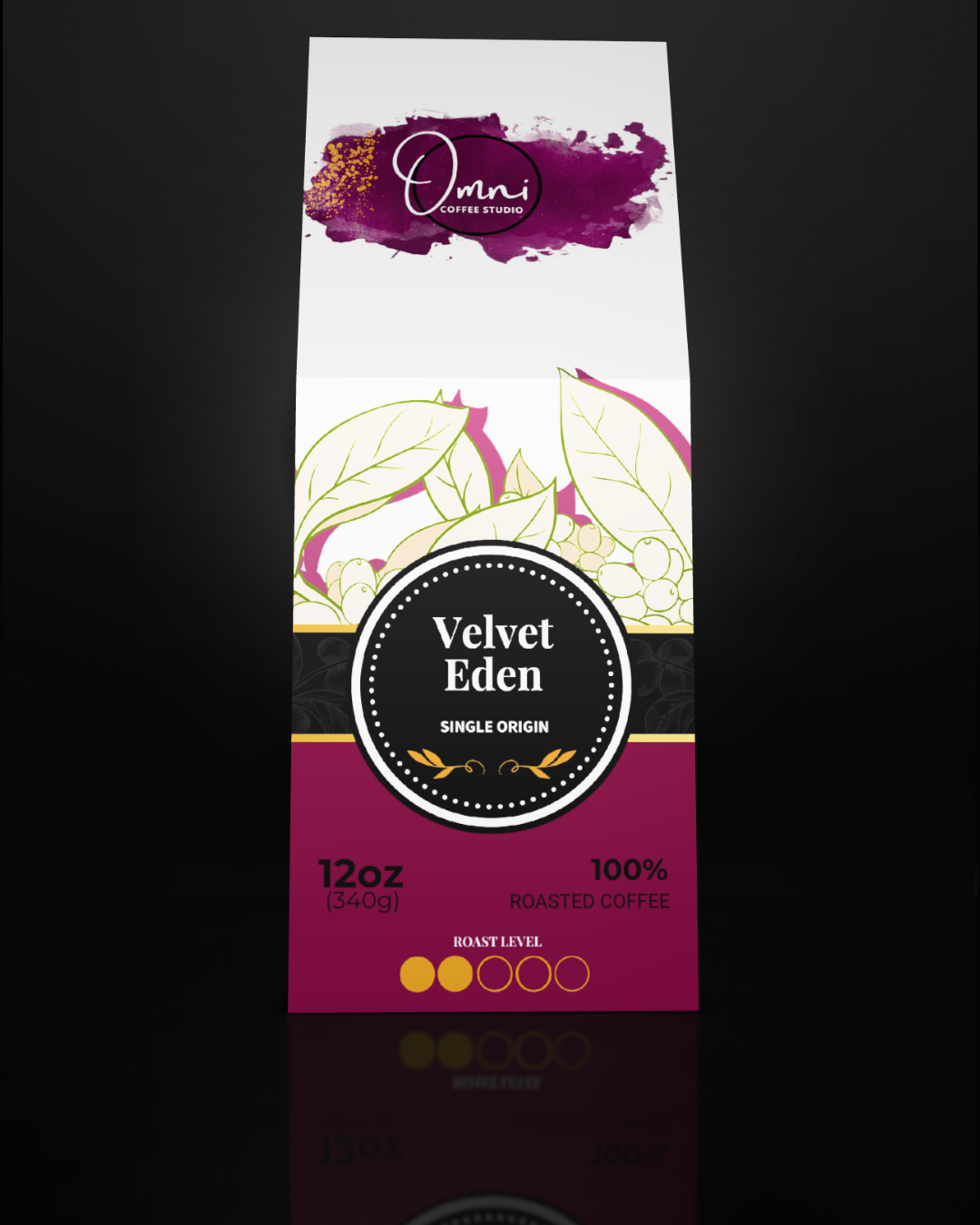 Coffee package labeled 'Velvet Eden' by 'Omni Coffee' on a dark background